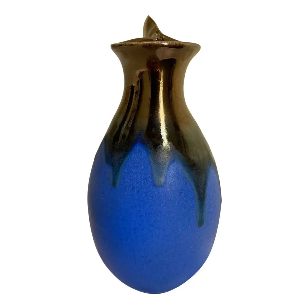 Retsis Bros Pottery Greek Hellas Metallic Golden Bronze And Blue Vase